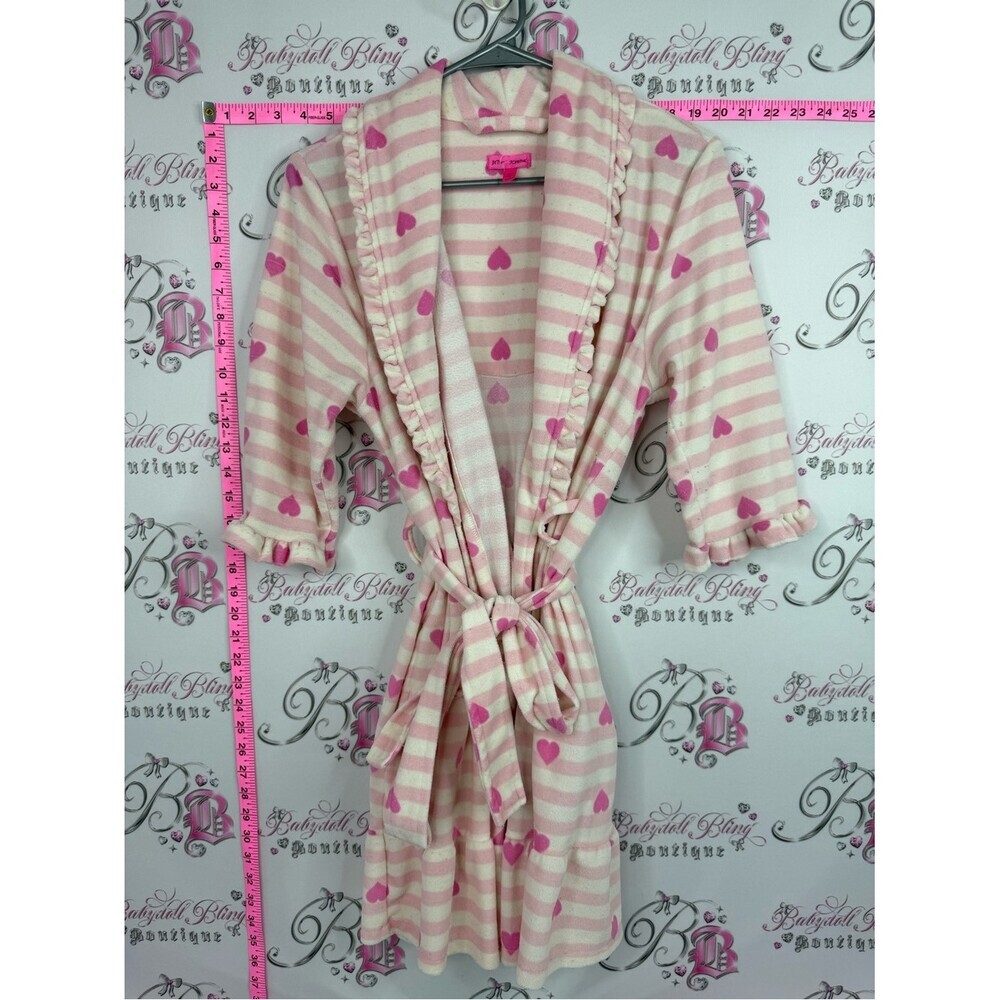 Betsey Johnson robe ruffle Pink and Cream Striped Heart Fleece Robe with Belt